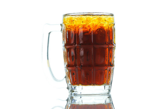 glass of cola with ice on white background