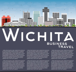 Wichita Skyline with Gray Buildings, Blue Sky and Copy Space.