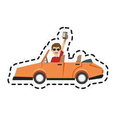 Obraz premium Man car and smartphone icon. Travel navigation route and technology theme. Isolated design. Vector illustration
