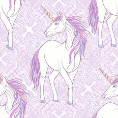 Seamless pattern with Unicorn with color pink purple mane on dec