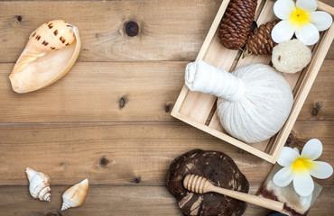 Aromatherapy product Spa set ,candle ,soap,coconut, massage with white wood background. top view,flat lay composition.  I