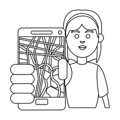 Woman and smartphone with gps app icon. Travel navigation route and technology theme. Isolated design. Vector illustration