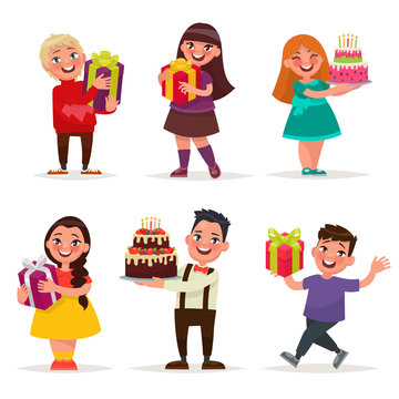 Surprise for children. Boys and girls with gifts and birthday ca