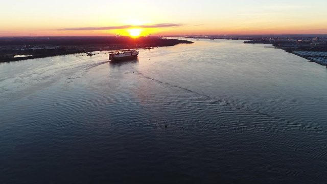 Aerial View of Vehicle Carrier Ship Leaving Philadelphia PA on Delaware River