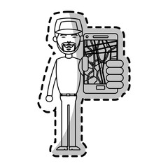 Man and smartphone with gps app icon. Travel navigation route and technology theme. Isolated design. Vector illustration