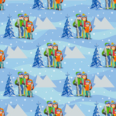 Man, woman, boy, skiing in snow mountain. Family winter sport vector illustration. Seamless pattern.