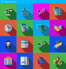 Set of 16 shopping vector flat icons in material style