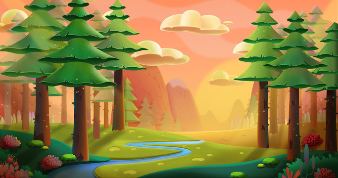 Peaceful Forest. Video Game's Digital CG Artwork, Concept Illustration, Realistic Cartoon Style Background

