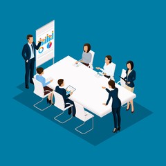 Isometric people, businessmen 3D business woman. Discussion, negotiation concept work, brainstorming. Working in the office, office workers on a blue background