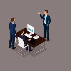 Business people isometric set of men in the office business concept isolated on dark background vector illustration