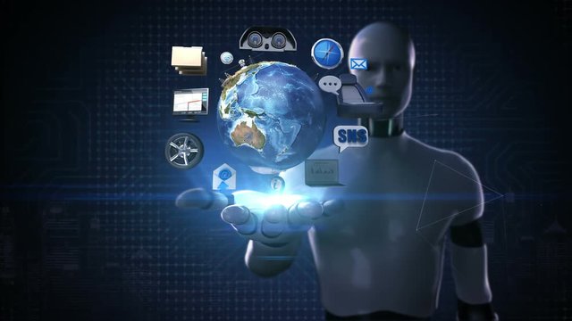 Robot, cyborg open palm,  infotainment system, network. car connect internet, social media service. global network future car technology.