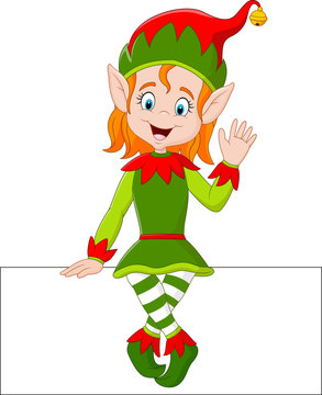 Cartoon elf girl sitting on blank sign 
