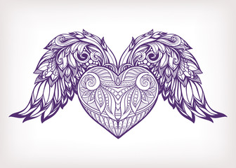Decorative patterned Love Heart with angel wings. Stock line vec