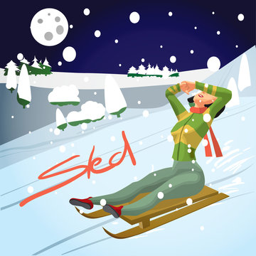 Winter card background. Woman rolling downhill on a sled. Flat c
