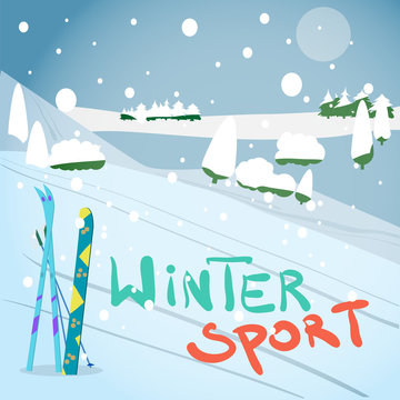 Winter card background. Mountains, snowboard and ski equipment i