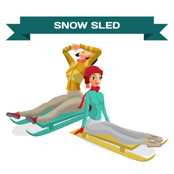 Set woman riding a snow sled. Winter sports. Flat vector illustr