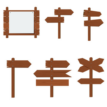 Wooden signboards, wood arrow sign vector set. Flat color style design