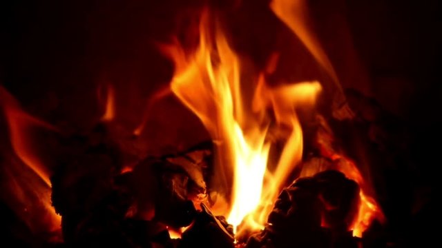 Burning fire in a home fireplace