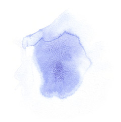 Watercolor stain, abstract splash with splatters, paper texture, background for design, hand drawn illustration isolated on white background