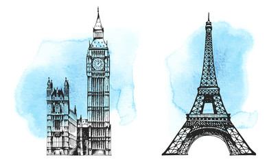 Big Ben (Elizabeth Tower), Eiffel Tower, world landmark vector set on hand drawn watercolor...