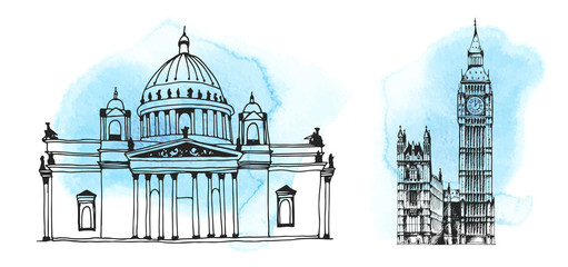 Saint Isaac's Cathedral, Big Ben (Elizabeth Tower), world landmark vector silhouettes set on hand...
