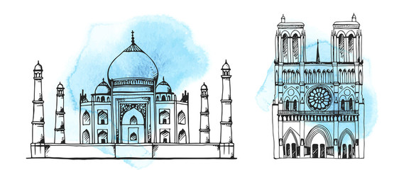 Fototapeta premium Taj Mahal, Notre Dame de Paris Cathedral, world landmark vector silhouettes set on hand drawn watercolor background, isolated on white