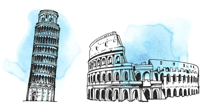 Tower of Pisa, Coliseum, world landmark vector set on hand drawn watercolor background, isolated on white