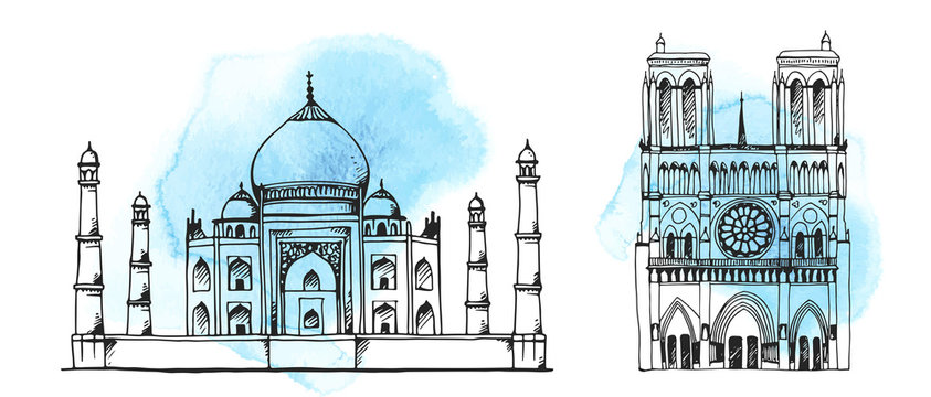 Taj Mahal, Notre Dame de Paris Cathedral, world landmark vector silhouettes set on hand drawn watercolor background, isolated on white