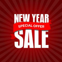 New Year sale badge, label, promo banner template. Special offer text on ribbon.