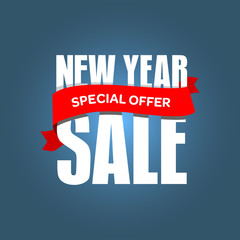 New Year sale badge, label, promo banner template. Special offer text on ribbon.