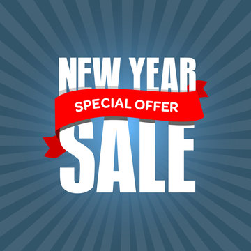 New Year sale badge, label, promo banner template. Special offer text on ribbon.