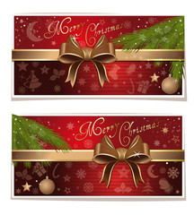 Christmas & New Year design. Red christmassy cards with gold ribbon and bows. Vector illustration