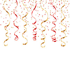 Gold red ribbon confetti. Golden serpentine on white background. Colorful streamers. Design decoration party, birthday, Christmas, New Year celebration, carnival Vector illustration