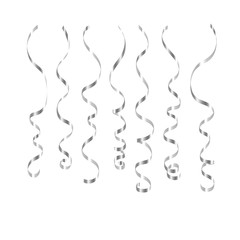 Curly ribbon serpentine confetti. Silver streamers set on white background. Colorful design decoration for party, holiday event, carnival, Christmas, New Year greeting. Vector illustration