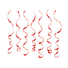 Curly ribbon serpentine confetti. Red streamers set on white background. Colorful design decoration for party, holiday event, carnival, Christmas, New Year greeting. Vector illustration