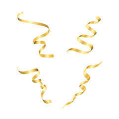 Gold streamers set. Golden serpentine confetti ribbons, isolated white background. Decoration for party, birthday celebrate or Christmas carnival, New Year gift. Festival decor Vector illustration