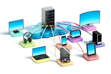 Electronic devices connected to the cloud network. 3D illustration