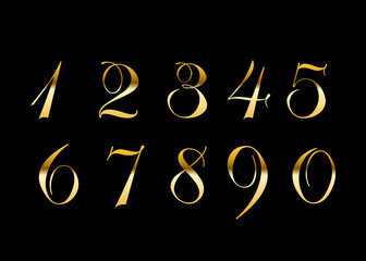 Gold 3d metallic numbers set. Golden metal texture font, isolated on black background. Luxury type symbols. Elegant typography graphic. Bright royal style typeset decoration. Vector illustration