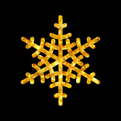 Gold Christmas snowflake icon. Golden fire silhouette snow flake sign isolated black background. Elegant design card, decoration. Symbol winter, New Year holiday celebration Vector illustration