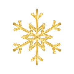 Gold Christmas snowflake icon. Golden silhouette snow flake sign isolated on white background. Elegant design for card, greeting, decoration. Shine texture. Symbol of winter Vector illustration