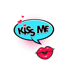 Comic speech bubble with hearts, emotional text Kiss Me and female lips. Vector bright dynamic cartoon illustration isolated on white background.