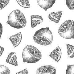 Seamless pattern design or background with lemon. Hand drawn illustration by ink and pen sketch set. Elements include drawing and their own background shape.