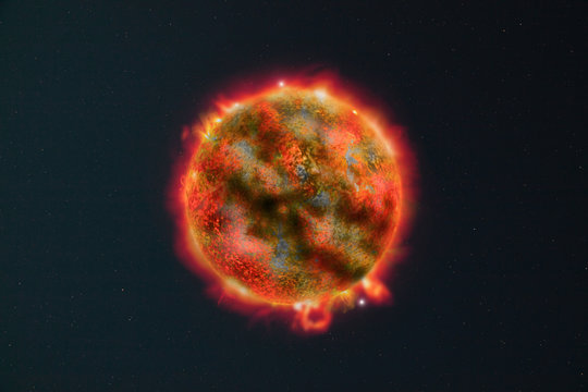 Sun and stars on a dark background - 3D render / illustration. 