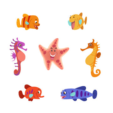 Colorful fish, starfish, sea horse cartoon character set