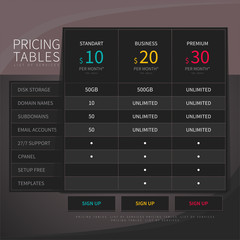 Pricing comparison table set for commercial business web service