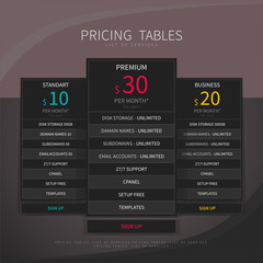 Pricing comparison table set for commercial business web service