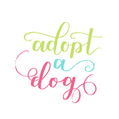 Dog adoption hand written lettering. Brush lettering quote about the dog Adopt a dog . Vector motivational saying with colored ink on white isolated background.