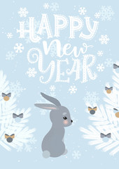 Happy New Year card. Hand drawn lettering. Pretty rabbit with Christmas tree. Bows. Vector illustration. 