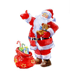 Watercolor Christmas Santa Claus with gift on background card