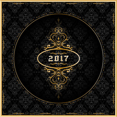 New Year 2017 greeting card with gold ornaments. Vector.